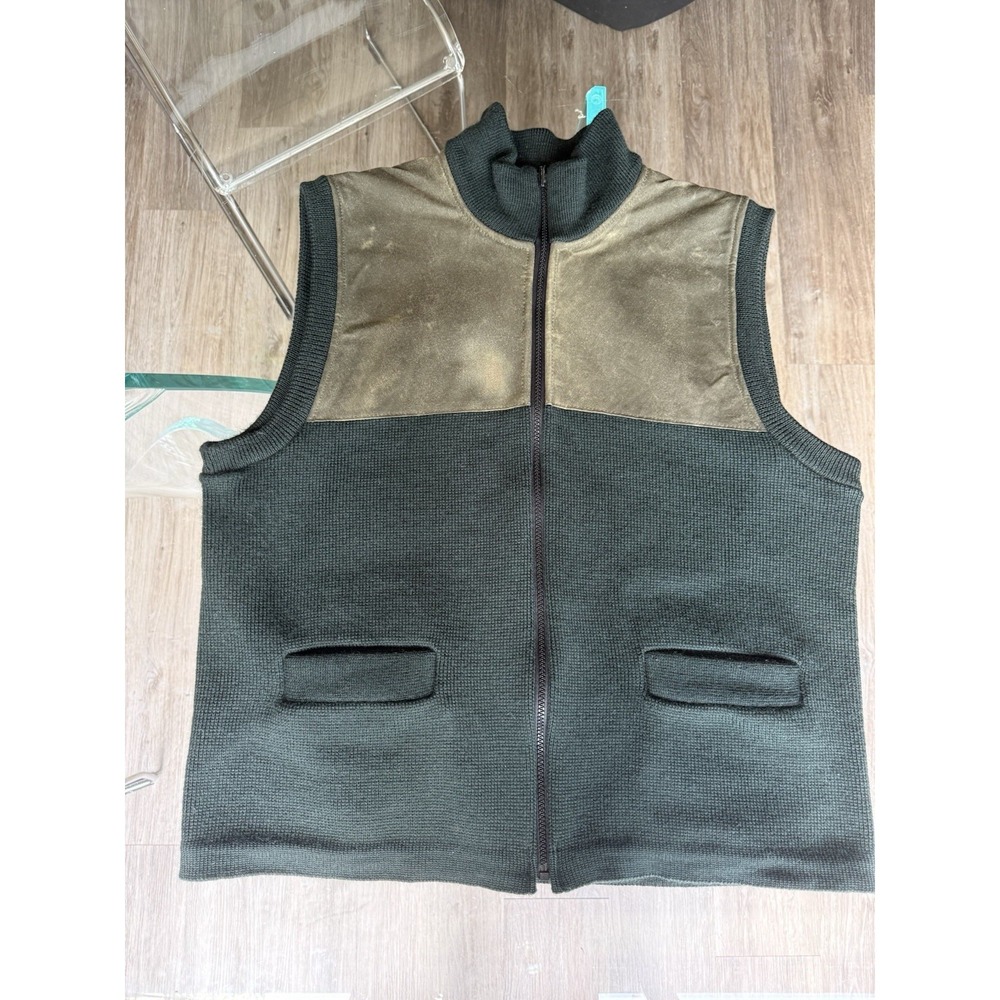 Vintage Filson Sweater Vest‎ Mens L Green Wool Waxed Cotton Full Zip Mock Neck